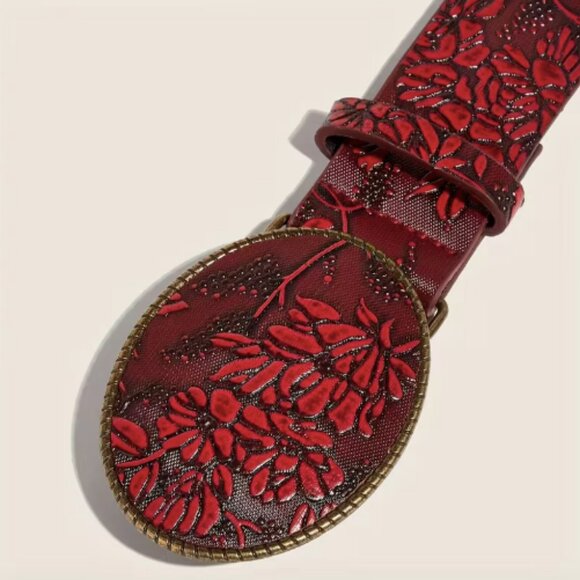 Pu Leather Boho Western Red Belt - Picture 2 of 5
